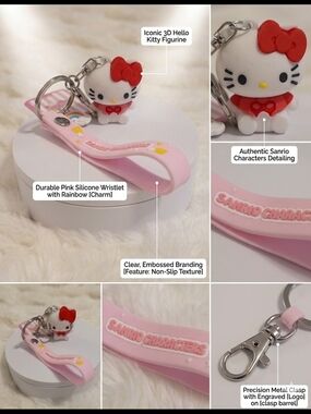 Sanrio Hello Kitty Pink Silicone Wristlet Keychain with Red Bow Charm